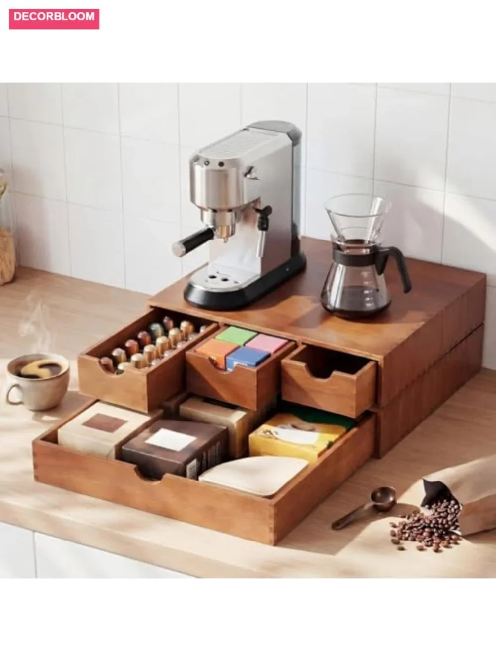 Double Layer Wood Coffee Pod Organizer Drawer Detachable Storage Box 3 Drawers